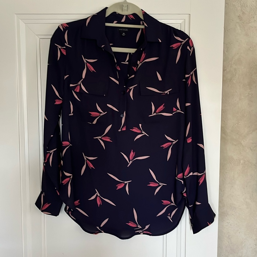 Ann Taylor Long Sleeve Blouse Navy Blue Print Size XS